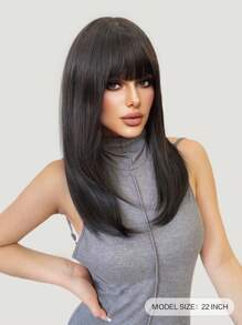 一体式合成耐热假发，带刘海，黑棕色直发假发，22 英寸长，全机器编织，自然逼真的假发，适合日常使用
