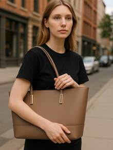 Classic Work Tote Bag Stylish Large Capacity PU Leather With Multiple Compartments - Óxido marrón - Ver 1