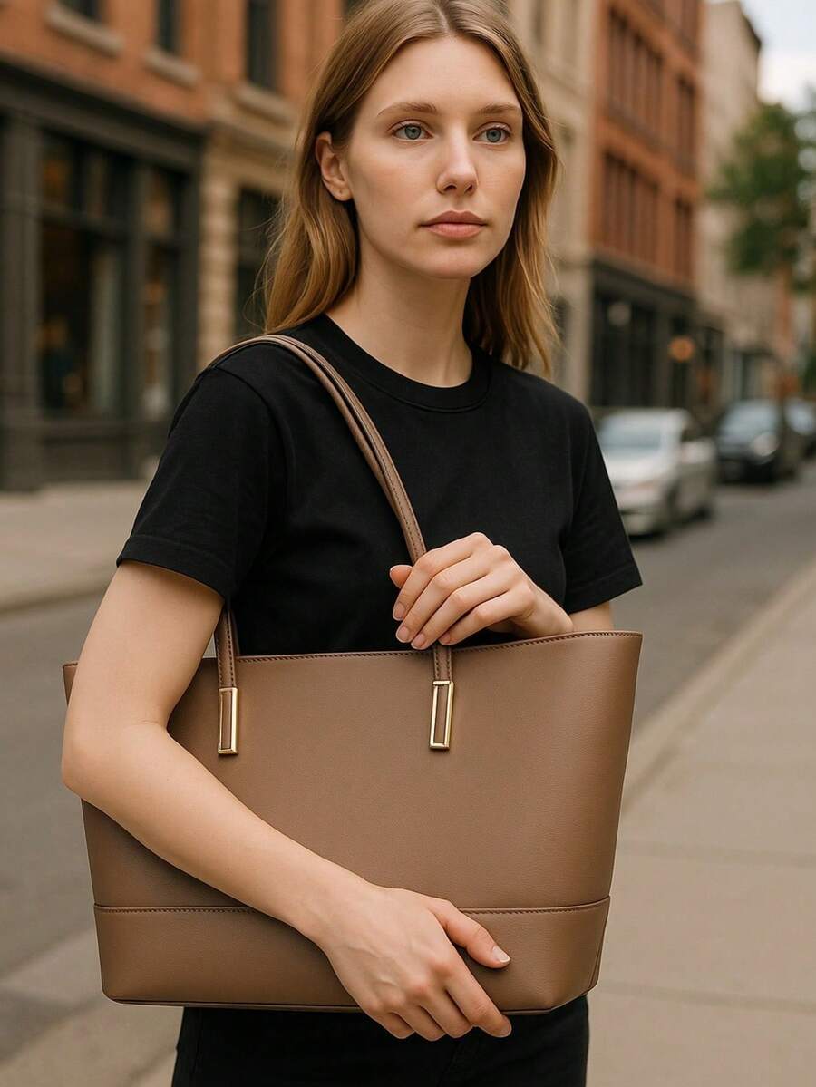 Classic Work Tote Bag Stylish Large Capacity PU Leather With Multiple Compartments - Óxido marrón - Ver 1