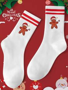 1 Pair Women/Couples Red Striped Gingerbread Man & Letter Mid-Calf Socks, "Merry Christmas" Casual Versatile Crew Socks, Soft Breathable Moisture-Wicking, Suitable For Christmas, Students, Adults, Gifts, Daily Life, Outdoor, Indoor, Sports - Multicolor - View 2