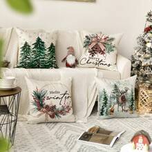 4 buah Sarung Bantal Pohon Natal, Rusa Kutub, Kepingan Salju, Sarung Bantal Sofa Dekoratif Musim Dingin Bertema Buah Berry Merah Natal, Satu Sisi Tanpa Isian Bantal - Hijau - View 8