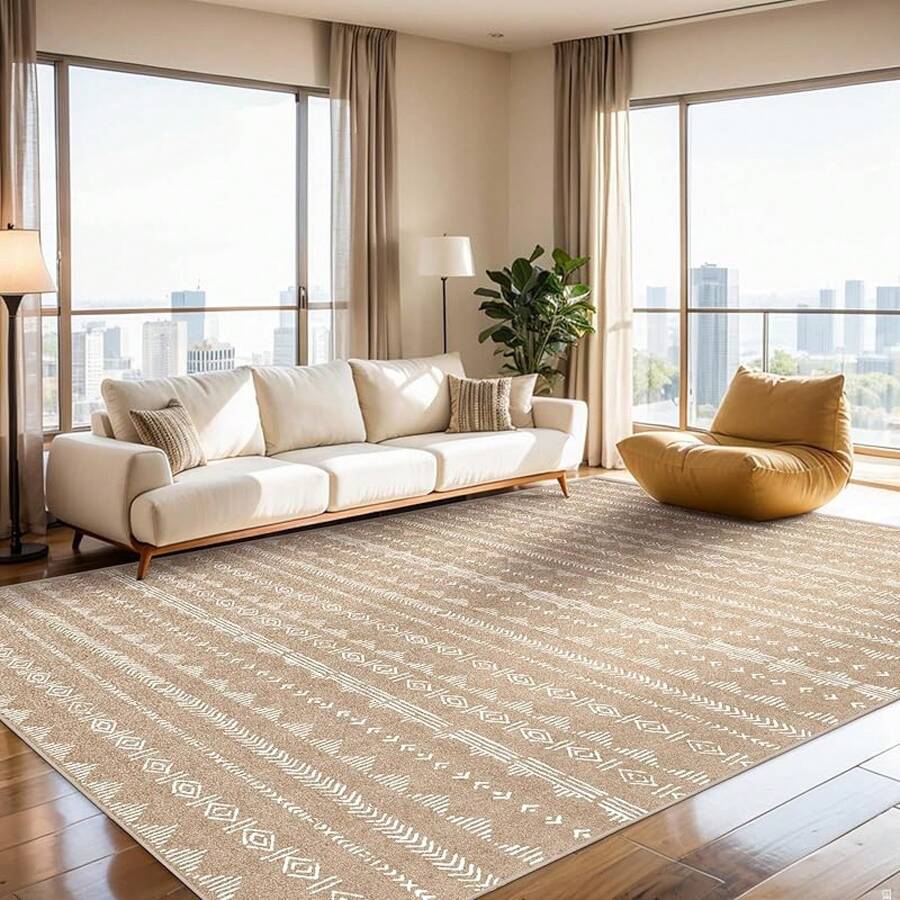 5x8 Washable Area Rug With Non-Slip Backing, Soft Low Pile Indoor Floor Carpet, Neutral Light Brown, Boho Moroccan Style Living Room, Bedroom, Dining Room - Coffee - 查看 1