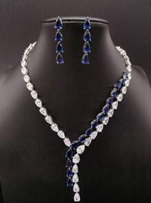 1 Set mit 3 Stücken Kupferschmuck Zirkonia Halskette & Ohrringe Set, Braut Hochzeitskleid Party Verlobung Hochwertiger Schmuck, Tropfenförmige Verzierung, Geschenk für Frauen Urlaubsmode