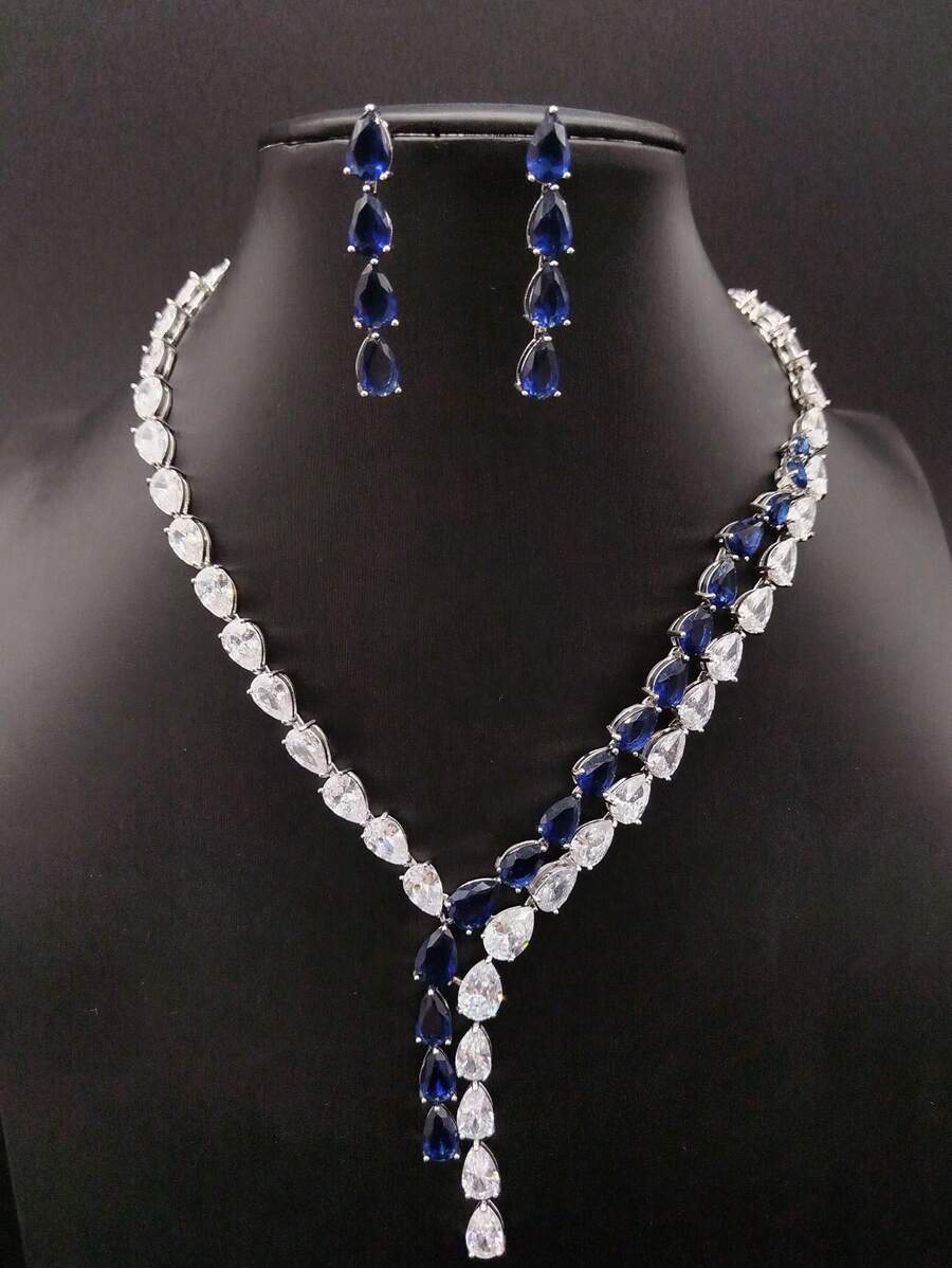 1 Set mit 3 Stücken Kupferschmuck Zirkonia Halskette & Ohrringe Set, Braut Hochzeitskleid Party Verlobung Hochwertiger Schmuck, Tropfenförmige Verzierung, Geschenk für Frauen Urlaubsmode