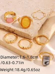 7 件套时尚夸张波西米亚风格奢华百搭优雅精致独特不对称几何树脂镶嵌彩色戒指套装，适合女士日常佩戴、节日和派对