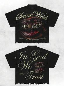 [Y2K Belief  Impact T-Shirt] The Artistic Fonts "SaintWRLD" And "In God We Trust" Are Matched With Individual Lip And Tooth Images, And Y2K Style Old Burrs And Retro Hot Stamping Techniques Are Integrated, Made Of Pure Cotton. - 黑色 - 查看 1