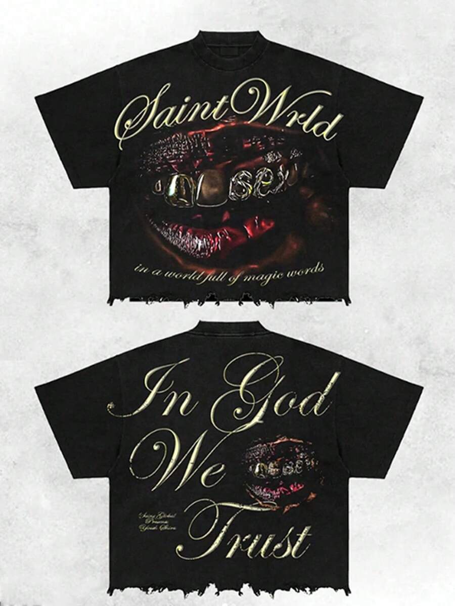 [Y2K Belief  Impact T-Shirt] The Artistic Fonts "SaintWRLD" And "In God We Trust" Are Matched With Individual Lip And Tooth Images, And Y2K Style Old Burrs And Retro Hot Stamping Techniques Are Integrated, Made Of Pure Cotton. - 黑色 - 查看 1