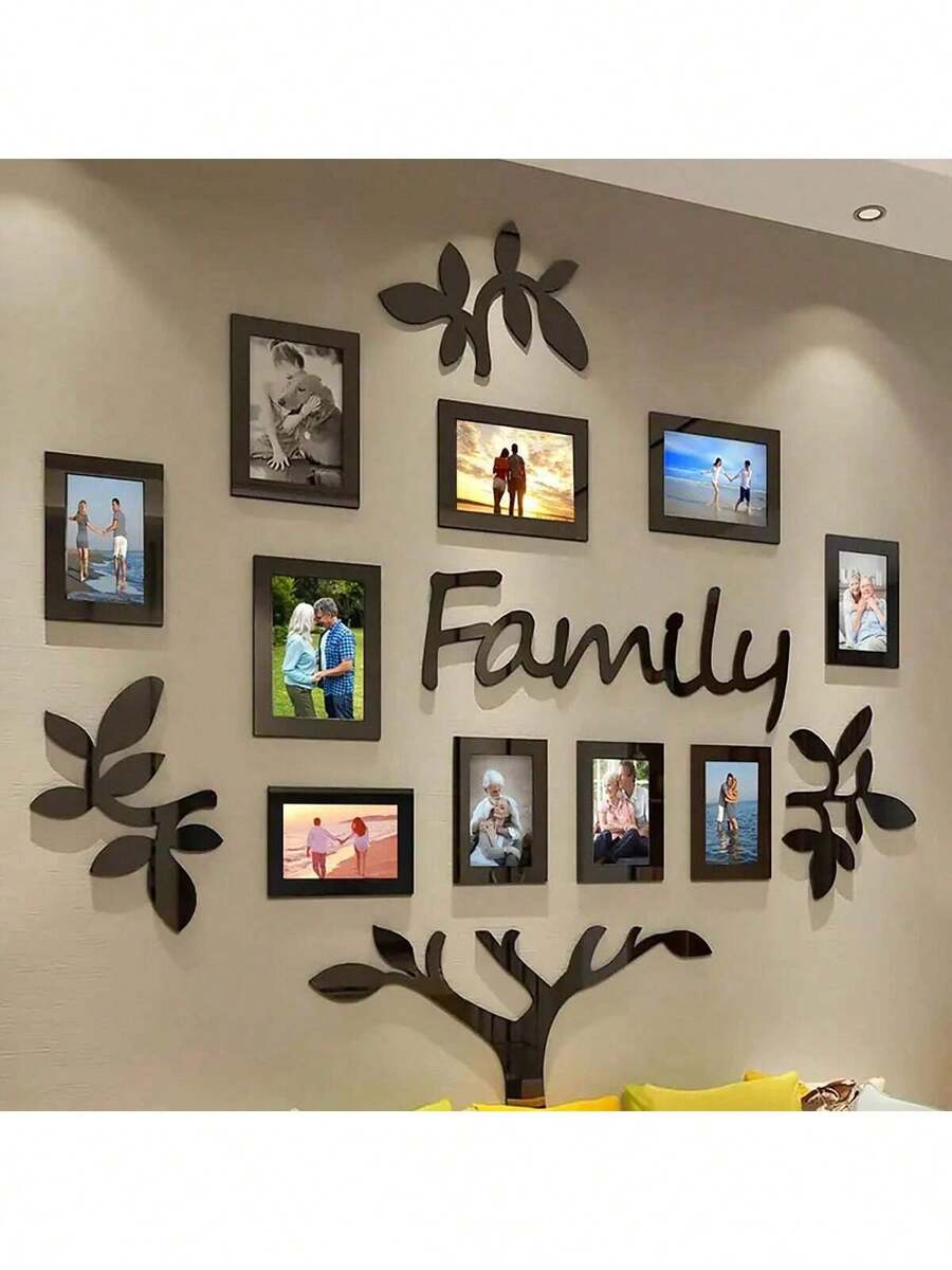 1 套家庭树墙饰，亚克力 DIY 马赛克镜面贴纸，相框拼贴家居装饰，3D 立体自粘照片墙，家庭墙贴，适用于客厅、卧室、餐厅、办公室、新居礼物，大尺寸 47X47 英寸房间装饰客厅装饰