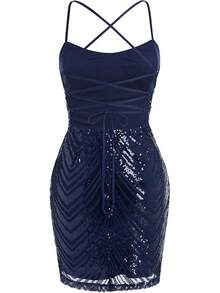 Teen Homecoming Dress Sequins Bodycon Mini Spaghetti Strap Floral Glitter - 藏蓝色 - 查看 5