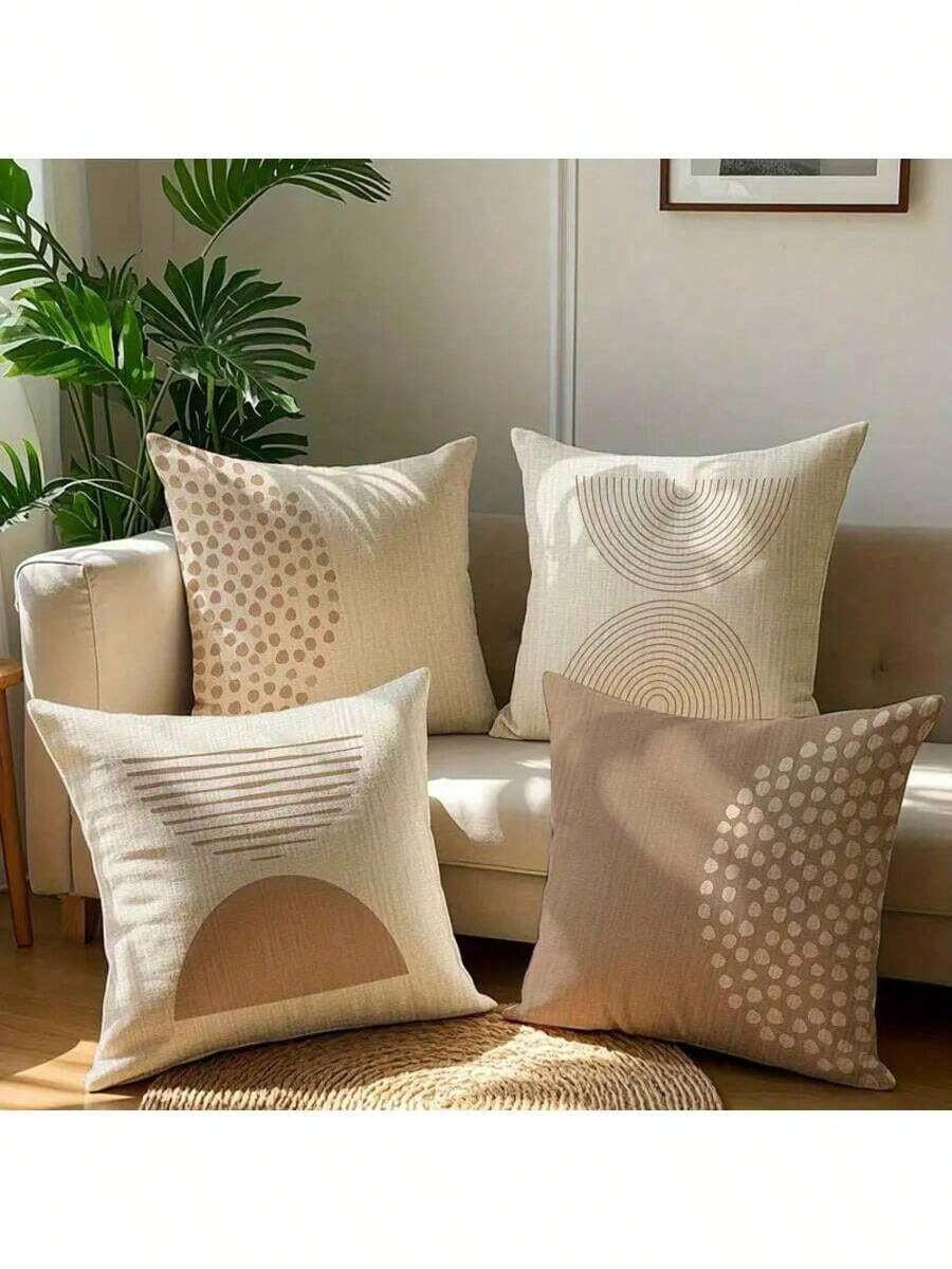 4 件现代简约棕色几何图案枕套，几何设计，简约而时尚，18"X18"，单面印花，柔软毛绒，拉链开合，适用于各种房间、沙发、床边装饰，不含枕芯
