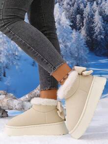 1 双青少年 EVA 热衬里蝴蝶结设计防滑厚底休闲平底鞋，适合秋冬季 - 白色 - 查看 5