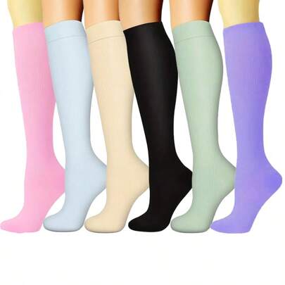 1/6 Pairs Sports Compression Socks, Elastic Long Solid Color Socks, Y2k, Cozy