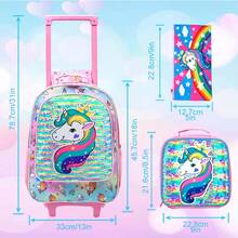 3PCS Rolling Backpack For Girls, Crown Unicorn Kids Roller Wheels Bookbag, Wheeled School Bag With Lunch Bag