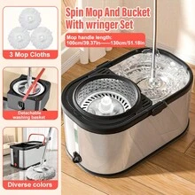 Spin Mop And Bucket Set With 3 Mop Pads, Household Rotating Floor Mop, Hands-Free Wash Stainless Steel Mop, Dust Removal Mop, Dry And Wet Use, Perfect For Home, Kitchen, Bathroom Floor, Cleaning Supplies, Cleaning Tool