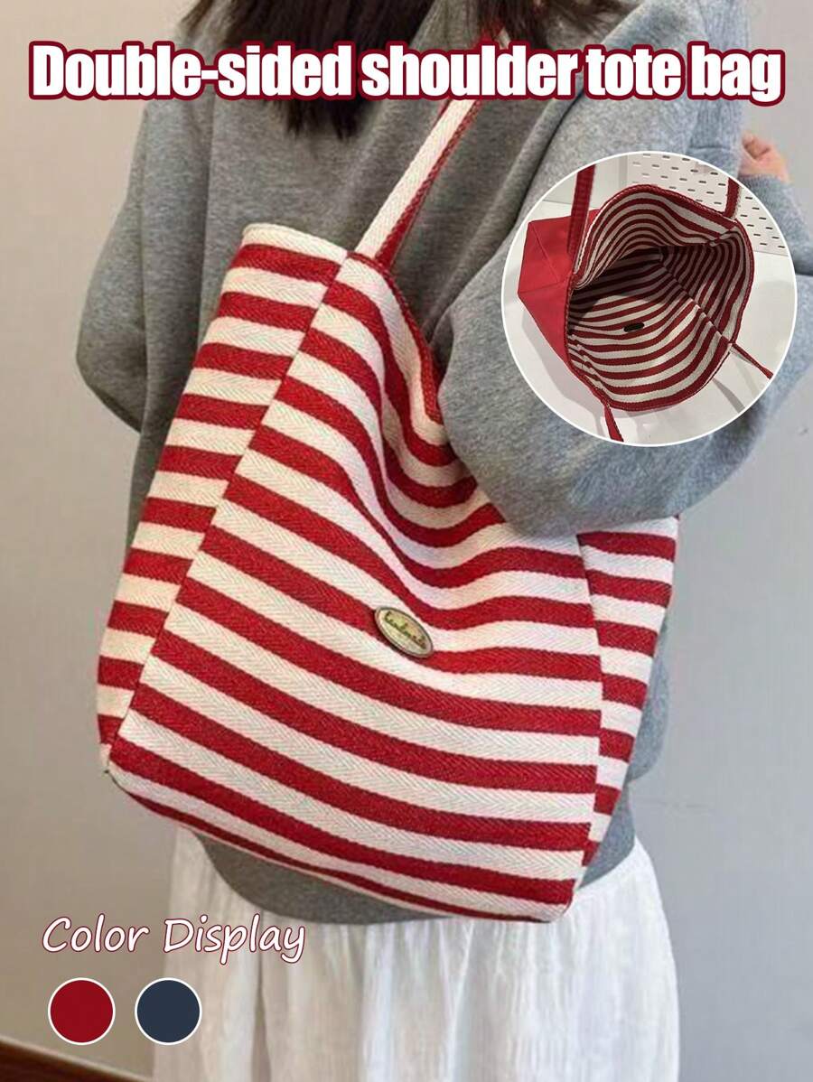 双面复古风格条纹帆布手提包，女士大容量条纹帆布手提包 - 时尚单肩包，适合旅行和购物，鲜艳的红白条纹，宽敞，多功能，可手洗 - 无封口，日常手提包，休闲日常手提包，购物手提包|休闲时尚包|条纹图案包，沙滩配饰|镂空设计 - 彩色 - 查看 1