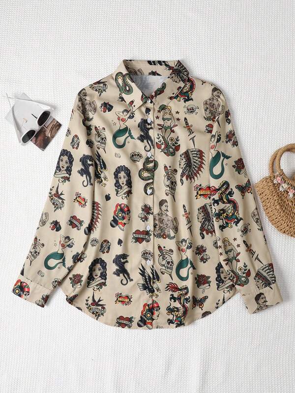 Plus Size Women's Fashion Street Dark Allover Print Loose Fit Drop Shoulder Long Sleeve Shirt, Spring/Autumn