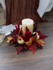 1 pieza Anillo de vela artificial de hoja de arce de Acción de Gracias con bayas y calabaza, decoración floral realista de vid de otoño para puerta, centro de mesa, decoración del hogar de cosecha