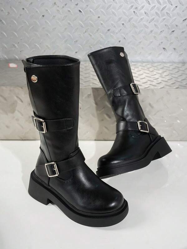 Go With Dress,Women's Black Fashion Boots New Buckle European And American Niche Thick Heel Thick Bottom Lightweight Western Pile Boots Pleated Boots Women's Autumn And Winter New Retro Motorcycle Boots Slim Fashion Knight Boots Brown Shorts