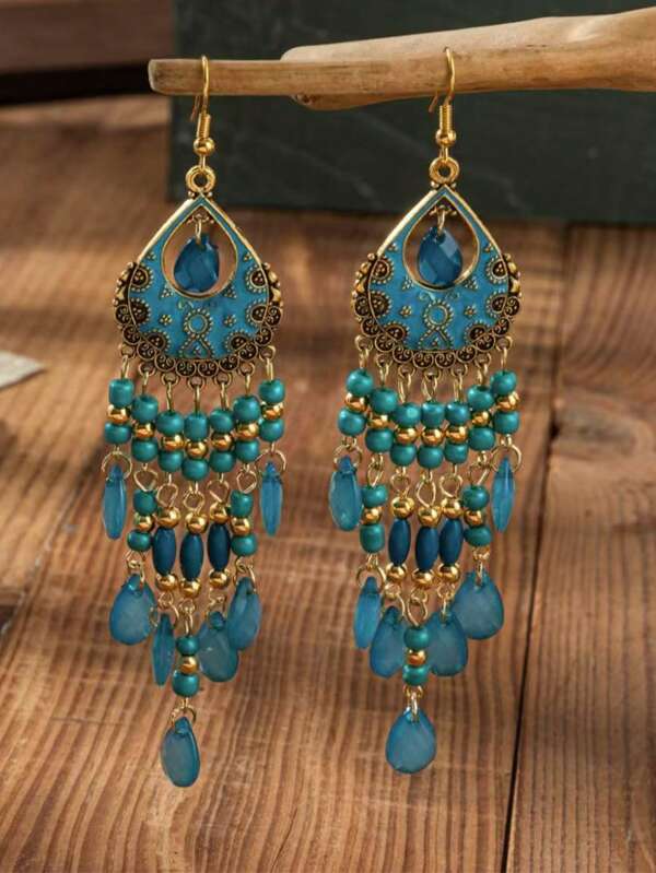 1 Pair Bohemian Vintage High-End Tassel Water Drop Crystal Dangle Earrings