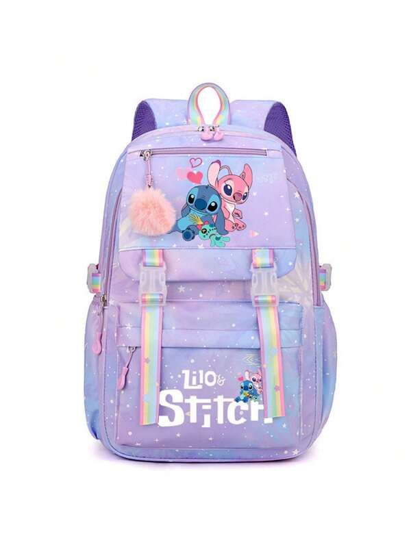 Mochila escolar grande de Stitch de Disney, mochila de dibujos animados con estampado arcoíris de gran capacidad para uso al aire libre, organizador de maquillaje de gran capacidad, estuche de maquillaje para lápiz labial, brochas, cuidado de la piel, teléfono móvil, monedas, artículos pequeños, para uso en el hogar, como regalo, vacaciones y festivales como Halloween y Navidad, de uso multifuncional