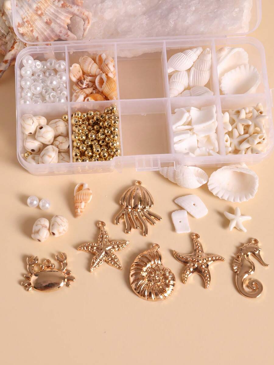 1 Box Handmade DIY Shell, Pearl, Starfish, Snail, Stone, Crab, Seahorse Craft Materials Kit For Women To Make Necklaces, Bracelets, Anklets And Other Decorations - Gold - View 1