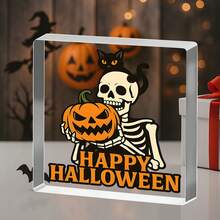 1 Pieza Cartel acrílico de Calabaza con Esqueleto y Gato de Halloween, Placa Feliz Halloween para estantería, escritorio o exhibición de fiesta, relleno de canasta de "Boo", decoración espeluznante, Cartel acrílico de Halloween, decoración del hogar, regalos, regalos de Navidad, regalos de cumpleaños