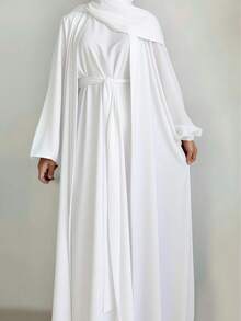 2pcs Women Simple Solid Color Cardigan Robe And Long Dress Set, Excluding Headscarf Spring White - White - View 3