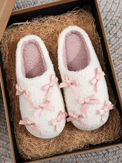 Women's Cute Bow Decor Warm & Comfortable Slippers, Suitable For Autumn/Winter