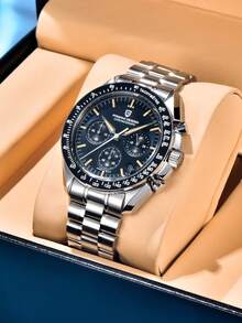 PAGANI DESIGN 2025 新月男式计时石英表黑色日本 VK63 蓝宝石玻璃不锈钢 100 米防水男表 PD-1701