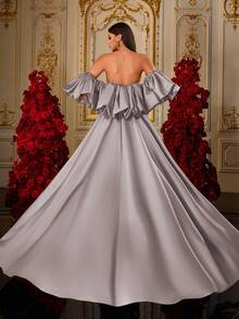 Olive Green 3D Petal Beaded Strapless Satin Mermaid Style Luxurious Palace Style Evening Gown For Wedding Party - Purple - View 2