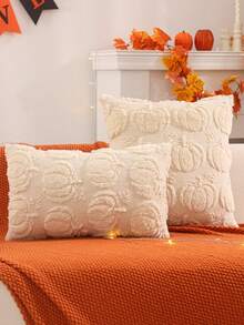 南瓜装饰抱枕套，感恩节收获季节装饰，适用于客厅卧室派对，奶油色绗缝刺绣，秋季装饰，秋季装饰，房间装饰 - 米色 - 查看 3