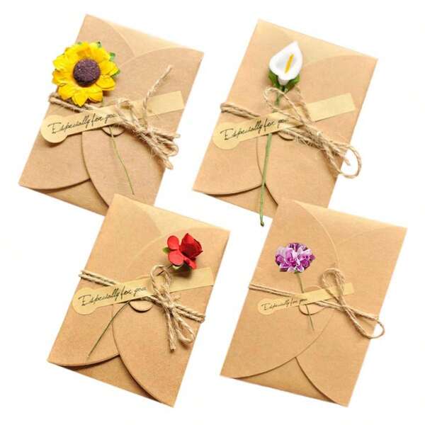 4/8/12PCS Flower Pattern Thank-You Card, Handmade Invitation Card, Blessing Card, With Envelope Containing Greeting Card, Flowers, Hemp Rope, Stickers, Suitable For Weddings, Birthday Parties And Daily Festivals, Suitable For All Holidays Such As Thanksgiving, Teacher's Day, Father's Day, Mother's Day, Etc.,For School Supplies,Back To School