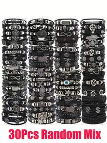 10/20/30Pcs Edgy Punk Rock Multi-Layer Stackable Faux Leather Bracelet Set With Skull Spike Infinity Symbol Design - For Men Teen And Halloween Gifts Creative Metal Dots Fashion Jewelry - Black - View 8