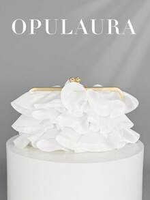 OpulAura 女士优雅迷人花瓣宴会手拿包，褶边设计晚礼服手提包，适合婚礼/度假/正式派对/舞会，配有链式肩带，花瓣形状随机 - 白色 - 查看 2