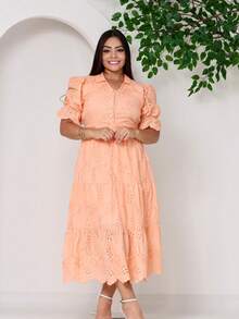 Women's Fashion Midi Dress In 3D Laise Fabric With Elastex On The Back And Button On The Front And Lining - 3D鮭魚 - 查看 2