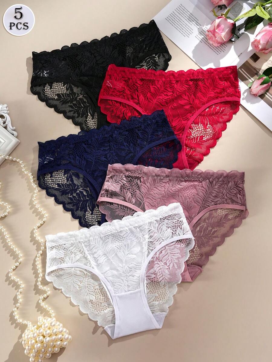 5 件套花卉蕾丝内衣套装，女士舒适蕾丝花边比基尼内裤 - 彩色 - 查看 1