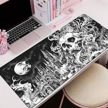 大型防水防滑橡胶游戏鼠标垫 - 1 件装哥特骷髅月亮图案鼠标垫 - 黑白桌面垫，适用于电脑、笔记本电脑、办公室、学校用品、返校季游戏鼠标垫桌面配件办公用品办公桌配件鼠标垫