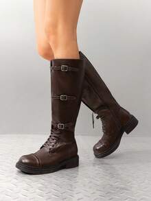 Women's Motorcycle Boots Side Zipper Knee High Boots Square Toe Chunky Low Heel Buckle Decorated Straps Fashion Retro Riding Boots - 棕色 - 查看 10