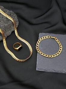 男士三件套首饰，包括金项链、手链和戒指，不锈钢材质，18K镀金，粗链嘻哈时尚首饰，节日送给男友的礼物