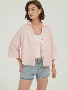 Pink Loose Casual Shirt, Elegant Office/Vacation Wear, Street Fashion & Beach Resort - Pink - View 7