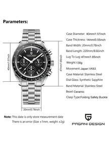 PAGANI DESIGN 2025 新月男式计时石英表黑色日本 VK63 蓝宝石玻璃不锈钢 100 米防水男表 PD-1701