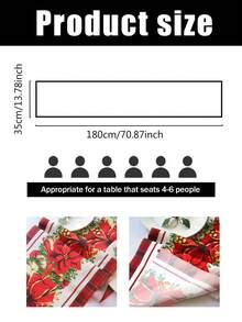 1pc 35*180cm/13.78*70.87inch Christmas Table Runner, Holiday Fabric Decor Tablecloth, Red Bow & Christmas Flower Pattern Long Table Topper, Suitable For Christmas Home Decoration