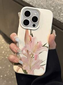 1 pieza Funda de teléfono suave con textura de lichi, antideslizante y a prueba de caídas, con ilustración de flor de lirio rosa linda, compatible con Apple, teléfonos - Multicolor - Ver 4