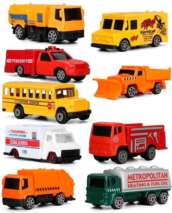 Burago 9 Stücke Metall-Fahrzeug-Set der Transporter-Serie - Strapazierfähiges Metallspielzeugauto geeignet für Kinder ab 3 Jahren, Geschenk für Jungs zu ihrem Geburtstag
