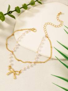 1pc Summer Fashion European & American Minimalist Faux Pearl Heart Double Layer Anklet For Girls, Versatile & Elegant Design (Beads Random)