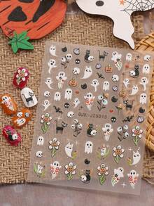 2 件可爱卡通万圣节美甲浮雕贴纸 - 鬼魂、南瓜、蜘蛛、小鬼和花朵图案，女士自粘美甲贴花，5D 浮雕饰面，可爱、有趣和卡通主题，易于粘贴指甲装饰、DIY、节日礼物、派对风格 - 彩色 - 查看 3