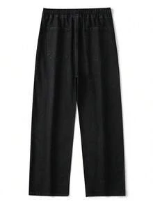 Celana Jeans Lurus Lebar Tanpa Peregangan, Jeans Lurus Minimalis Serbaguna Kelas Atas dengan Pinggang Elastis Bertali, Celana Kasual untuk Semua Musim - Hitam - View 7