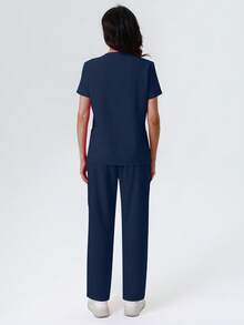 V-Neck Solid Color Pocket Short Sleeve Top And Pants Uniform Set Spring - Navy Blue - View 4