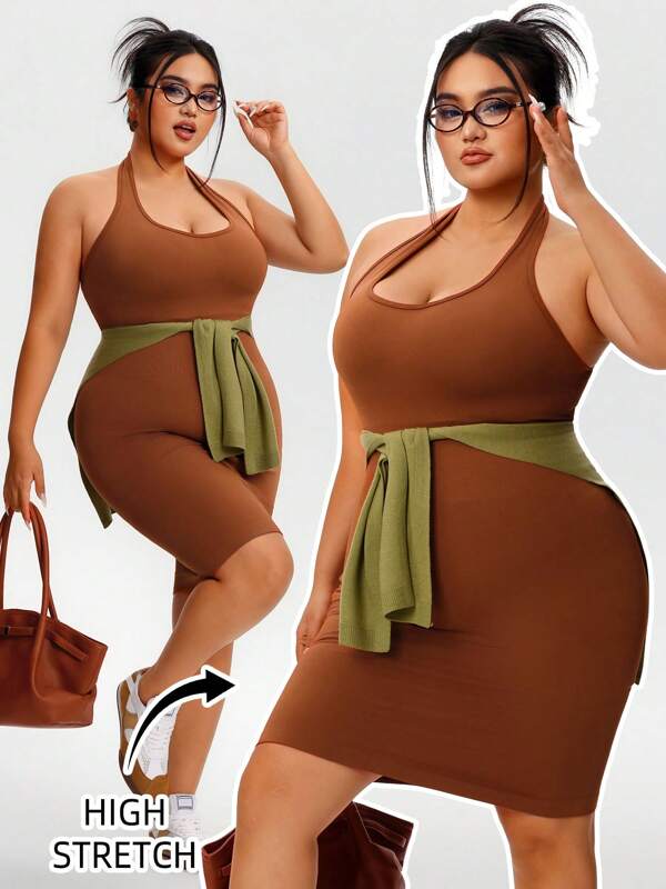 Plus Size Women Seamless High Elastic Active Dress, Backless Sexy Halter Neck, Suitable For Gym Workout, Outdoor Yoga, Solid Color, Fitted, Daily Wear