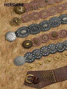 Hershine Nowy pasek w stylu retro western cowboy w stylu boho z 2025 roku. Pasek w stylu punk, w kolorze antycznego brązu, z owalną, ażurową klamrą w kształcie kwiatu, ze skóry PU, z metalową klamrą w kształcie głowy byka i ozdobnymi dodatkami.